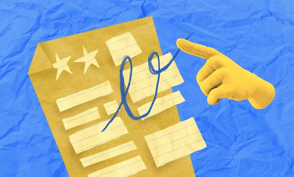 Paper collage of a finger pointing at a document