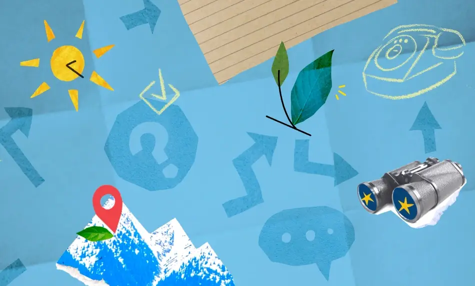 An illustration of the sun, a question mark, telephone, binoculars with stars in the lenses, a piece of notebook paper, a leaf, arrows going in different directions, comment box, and a mountain with a location tag.