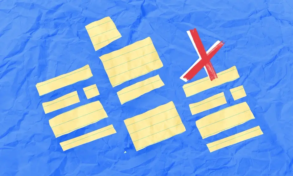 Ilustración de unas notas y una marca de eliminado
