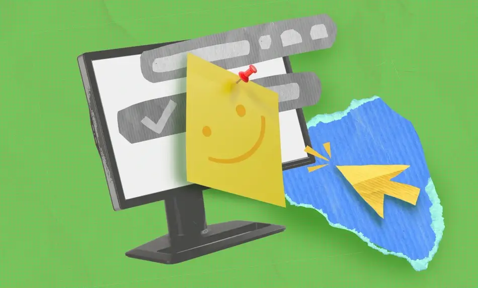 Ilustración de computador con una nota con carita feliz pegada en la pantalla