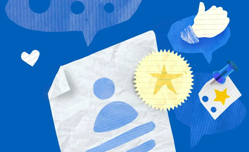 An illustration of a white heart, a star, a piece of notebook paper with silhouette of a person, a comment bubble and a thumbs up.