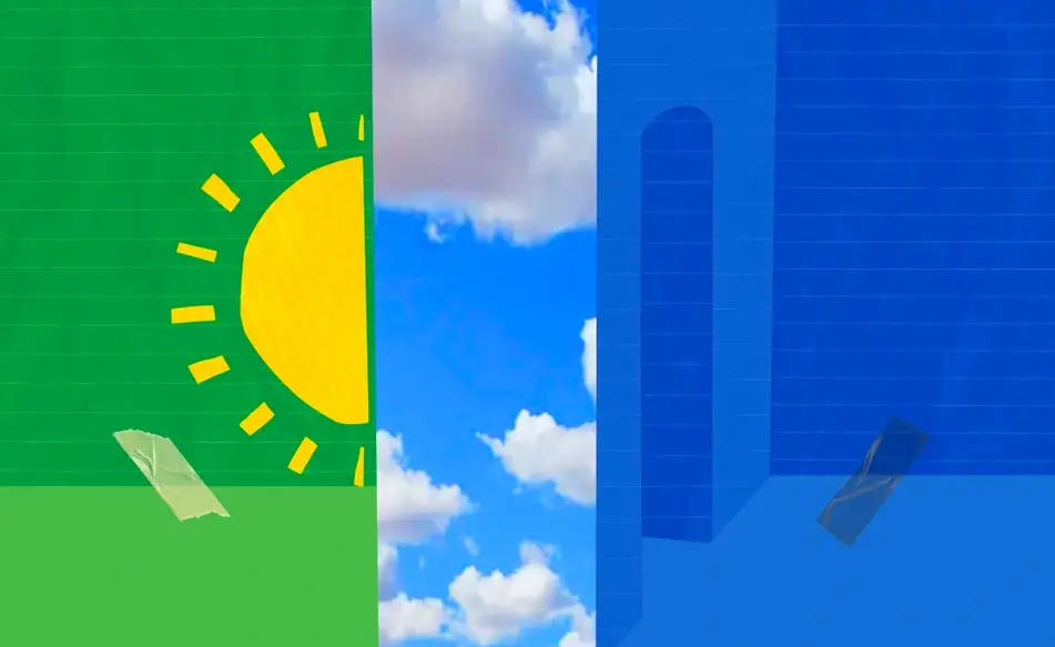 An abstract illustration of liminal spaces, with a light green background, doodle of a sun, clouds, and blue background with ruled paper.