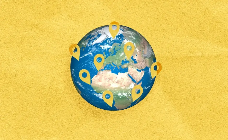 Collage of a globe with map points at various locations