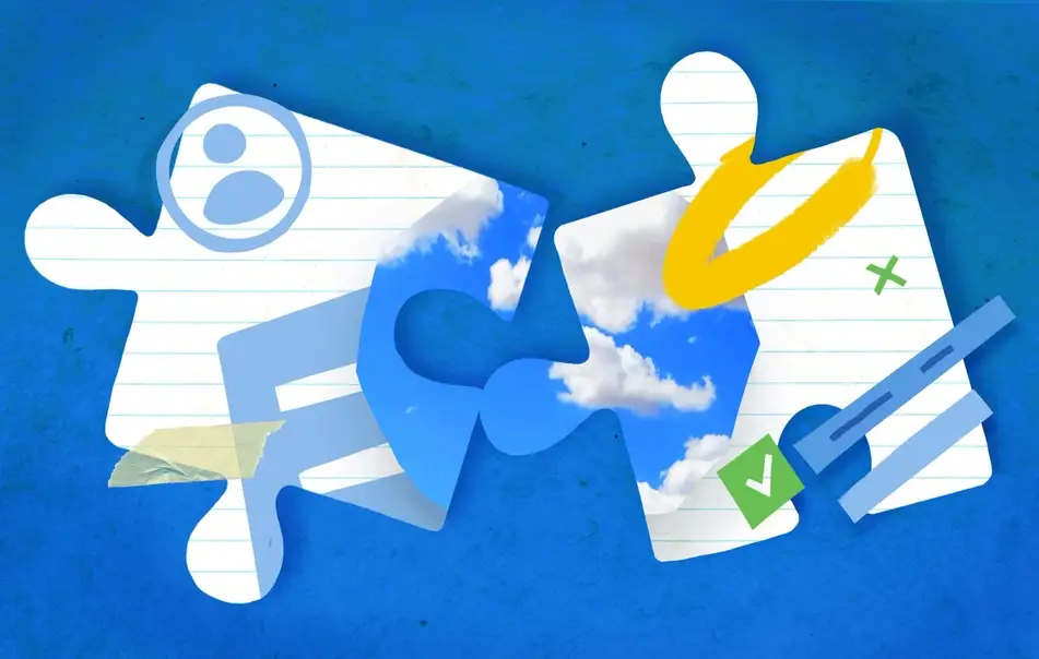 An abstract illustration of fitting your resume to a job listing, featuring two puzzle pieces made out of lined paper on a textured blue background.