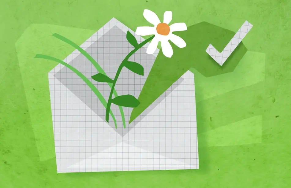 Collage of a checkmark and a daisy popping out of an envelope.