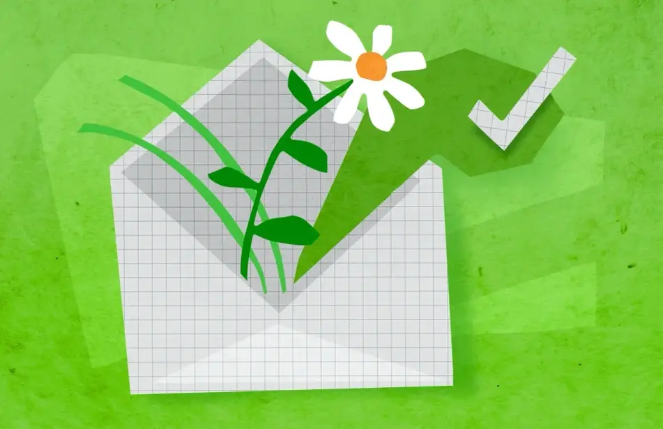 Colagem de uma marca de verificação e uma margarida saindo de um envelope.