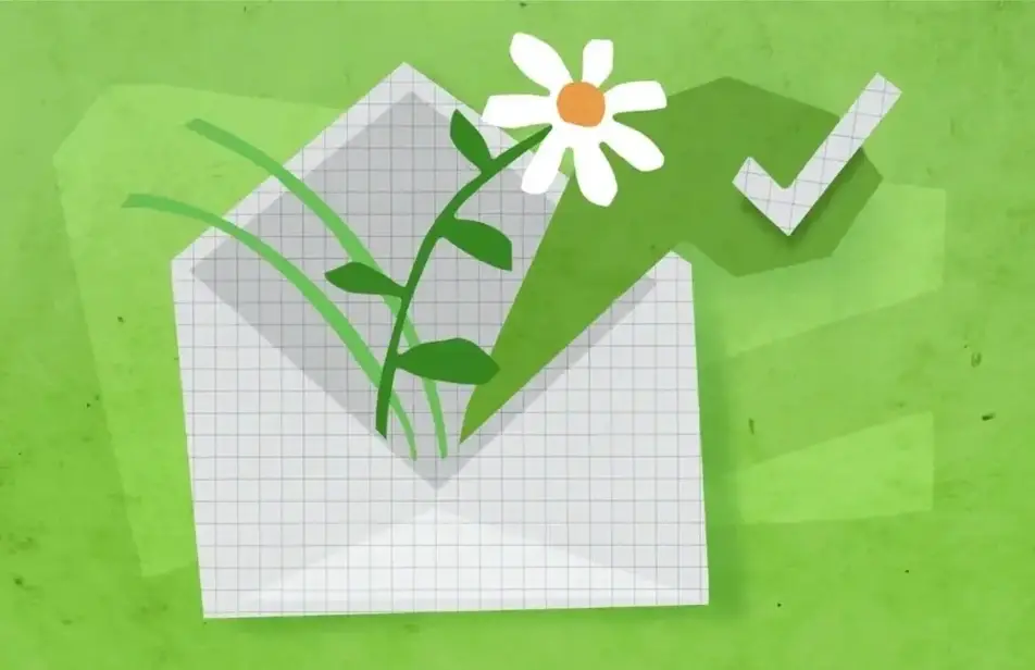 Colagem de uma marca de verificação e uma margarida saindo de um envelope