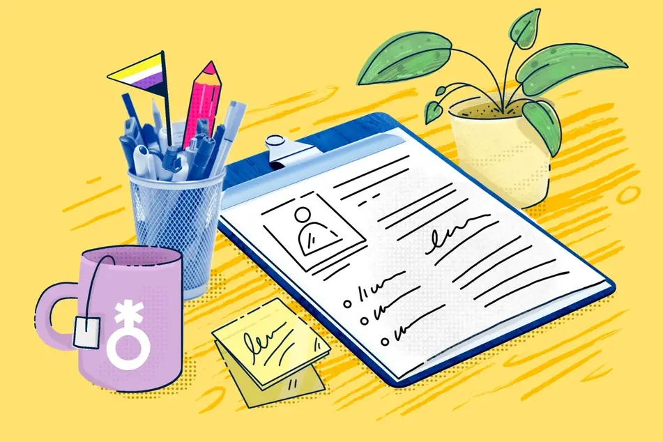 An illustration of a resume, cup of pens, a nonbinary flag, and a mug with the gender nonconforming sign.