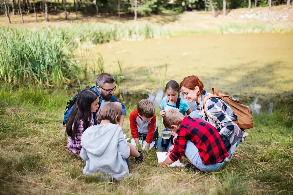 Group volunteers with kids to identify native insects at a wildlife center in the United States.