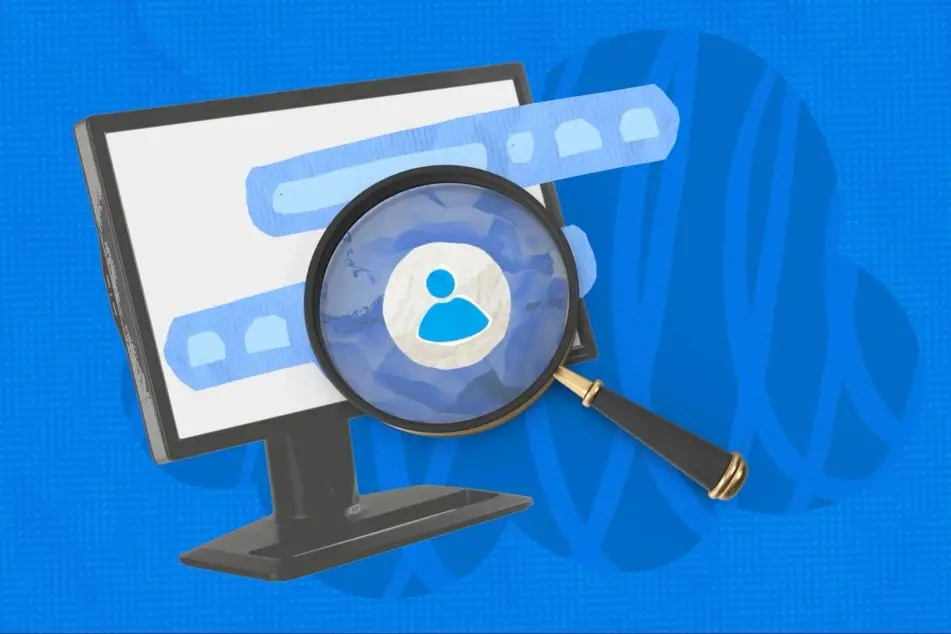 Ilustração de uma tela de computador com uma lupa