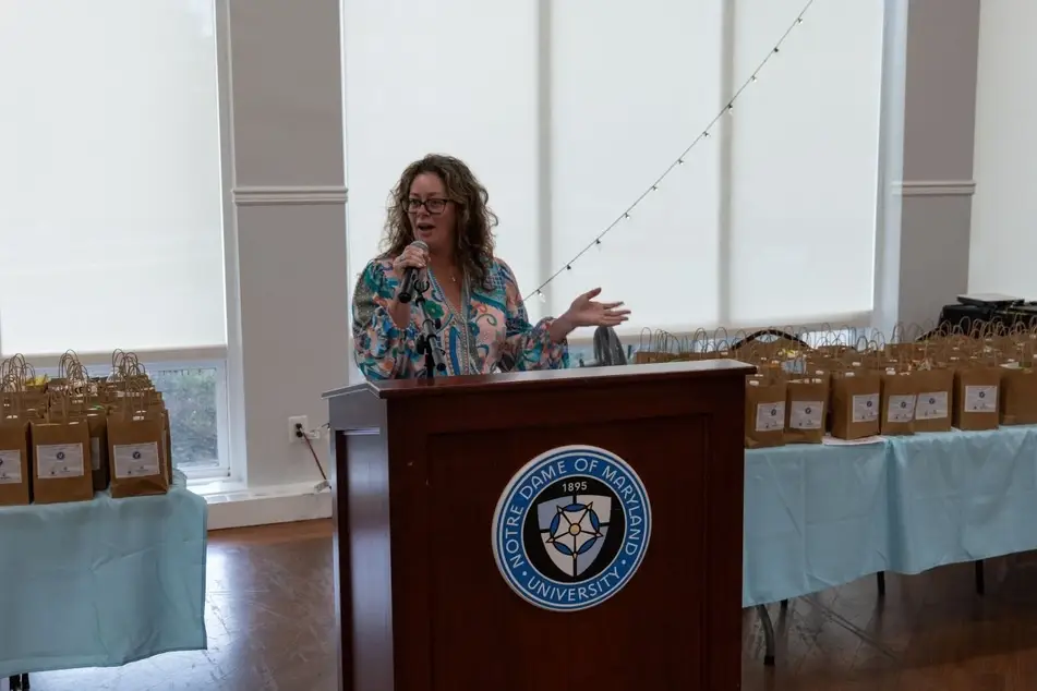 Nicki Fiocco speaking at the Notre Dame of Maryland University
