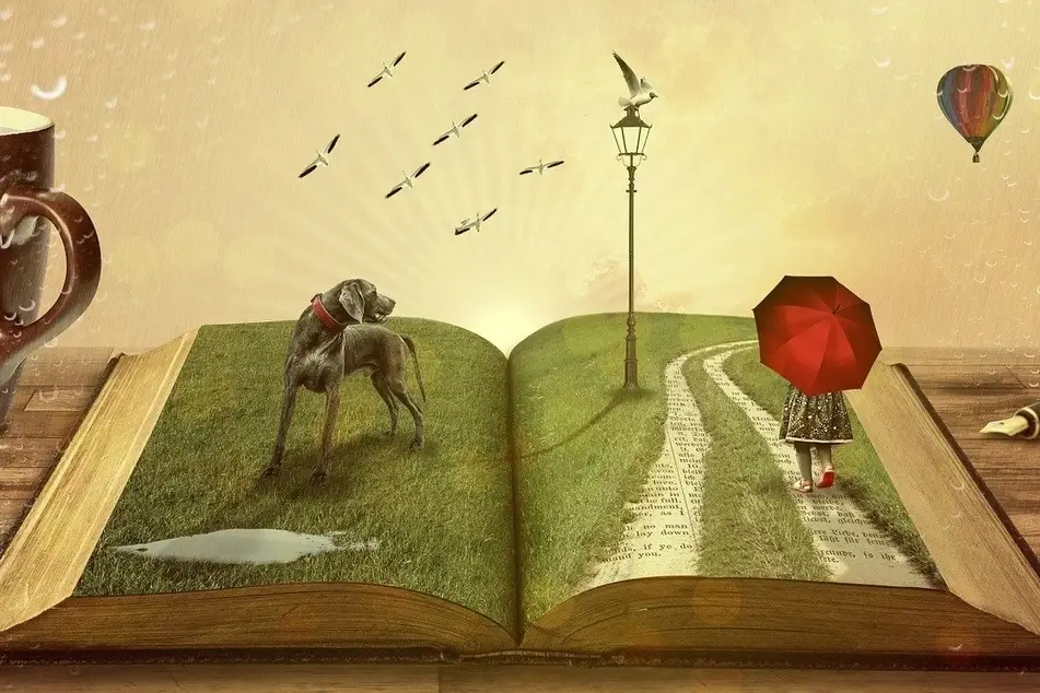 ilustración con un libro, una niña y un perro
