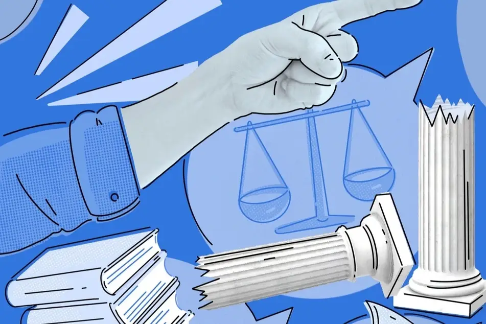 white hand pointing past legal scales
