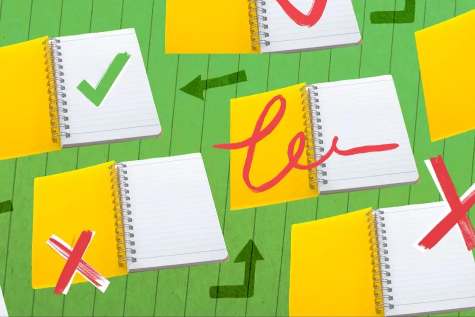 Illustration of a notebook with check marks and Xs.