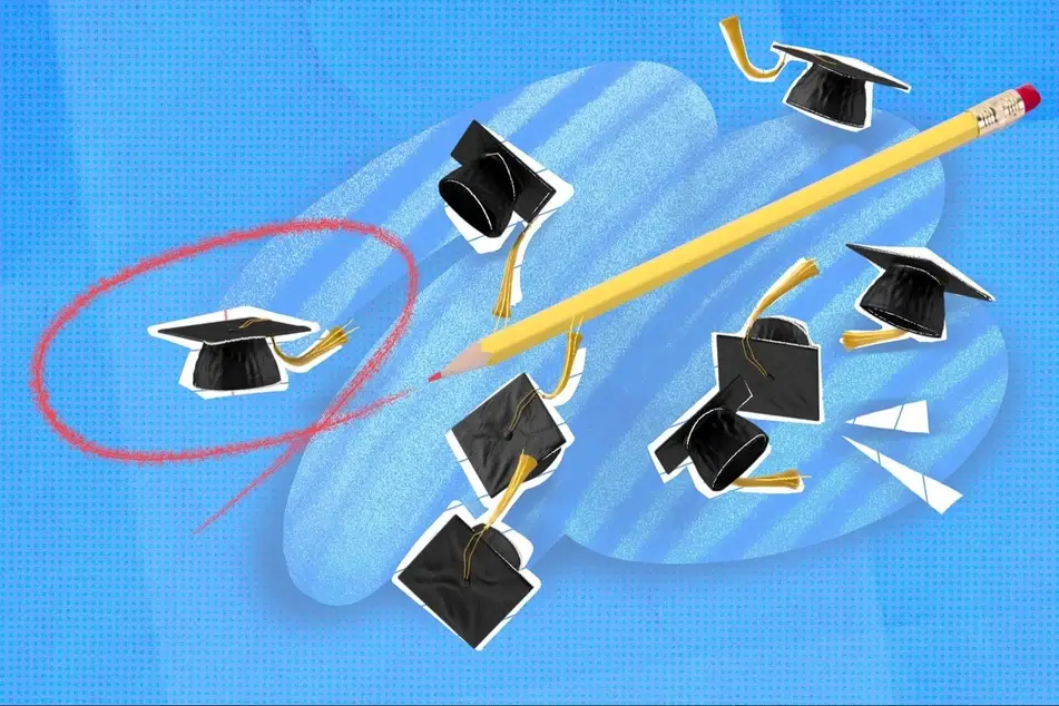 An illustration of a pencil with graduation caps.