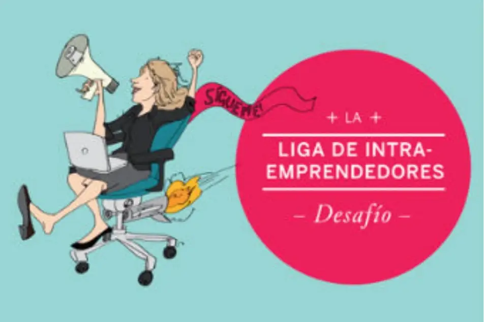 Ilustración de una mujer sentada en silla de oficina promocionando La Liga de Intra-emprendedores en un megáfono.