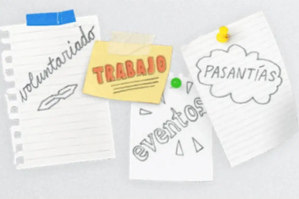 Varias notitas que dicen "voluntariado", "eventos", "pasantías", "trabajo.