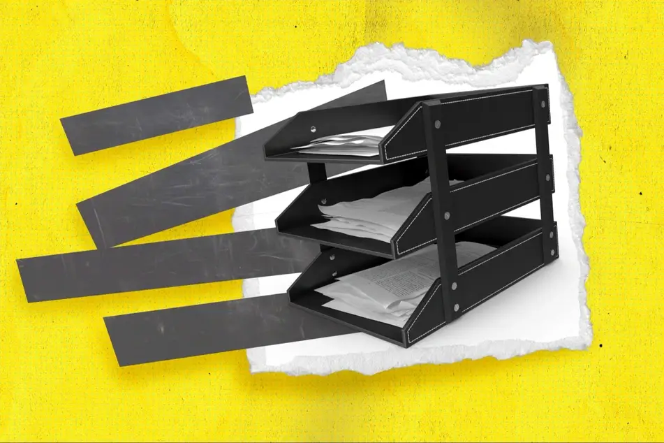 A collage of a filing rack next to four black lines.