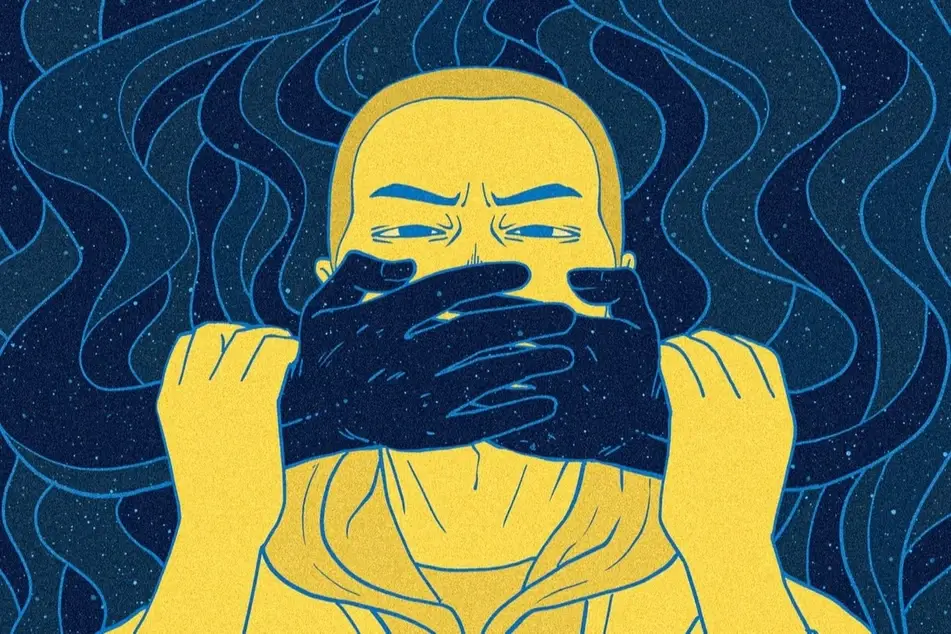 ilustración de manos tapando la boca a un hombre