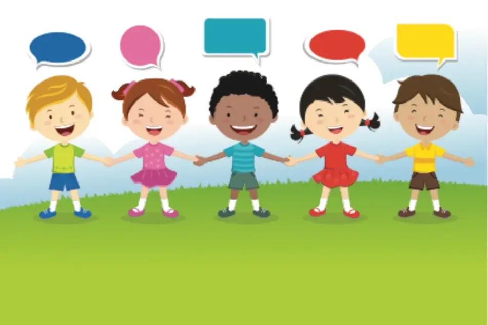 Ilustración de niños y niñas felices tomándose de la mano