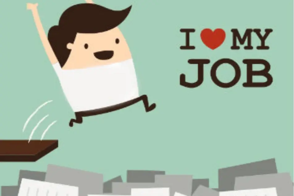 Una ilustración de un hombre feliz diciendo Amo mi trabajo