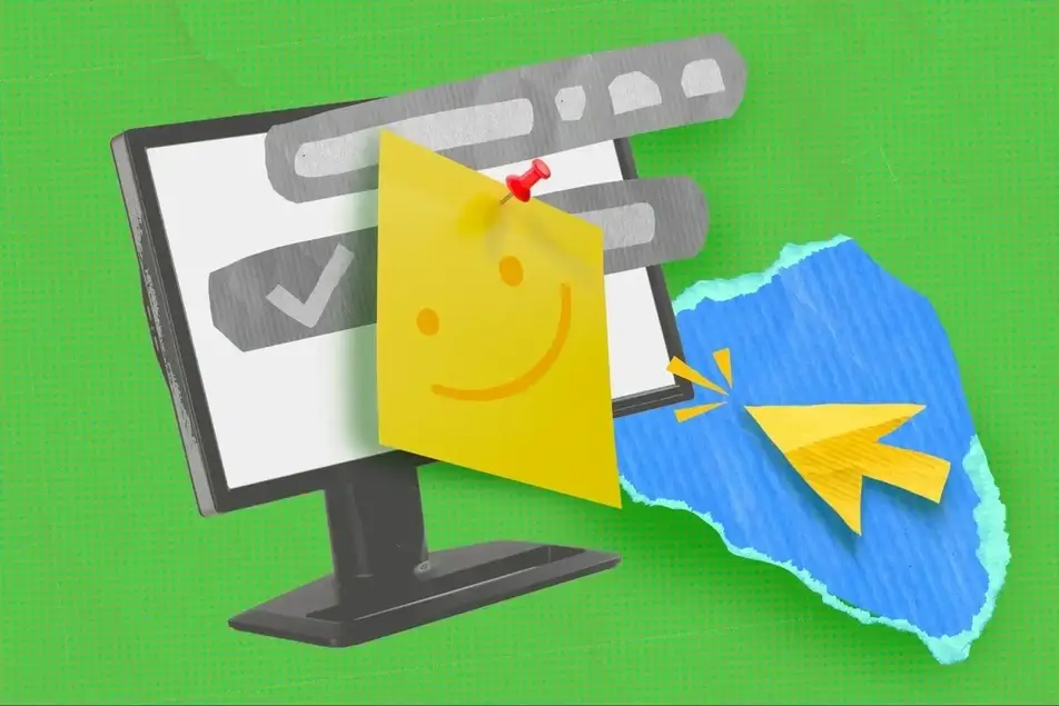 Uma ilustração de um computador com um post-it e um cursor clicando.