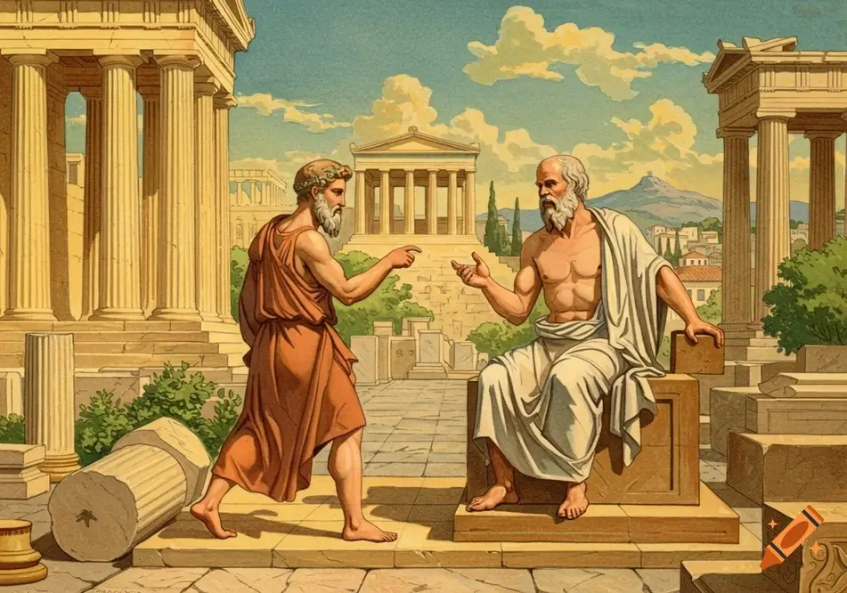 Imagem de Sócrates e Platão debatendo ideias na Grécia antiga