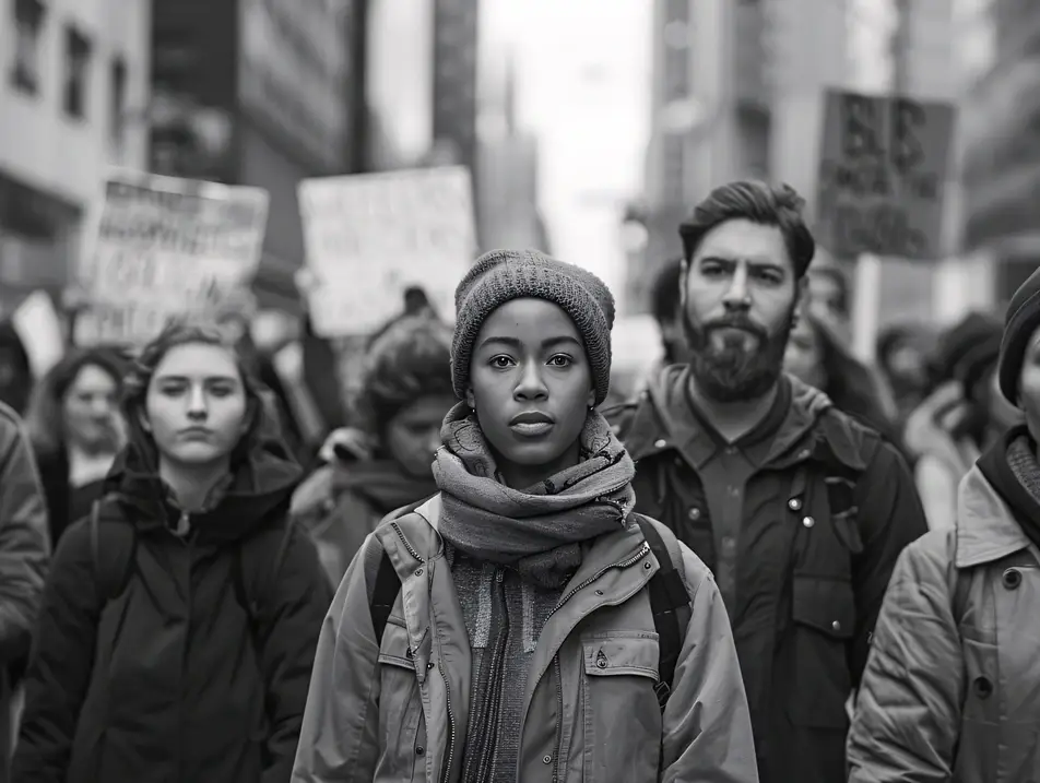 Foto preto em branco de um grupo de pessoas em frente a um protesto