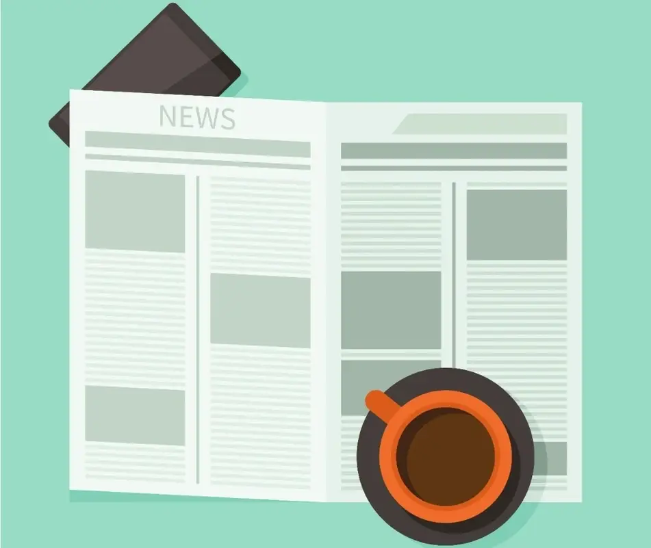 illustration of a newspaper, cup of coffee, and a cell phone