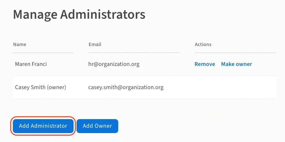 An image showing the "Add Administrator" button on the "Manage Administrators" page.