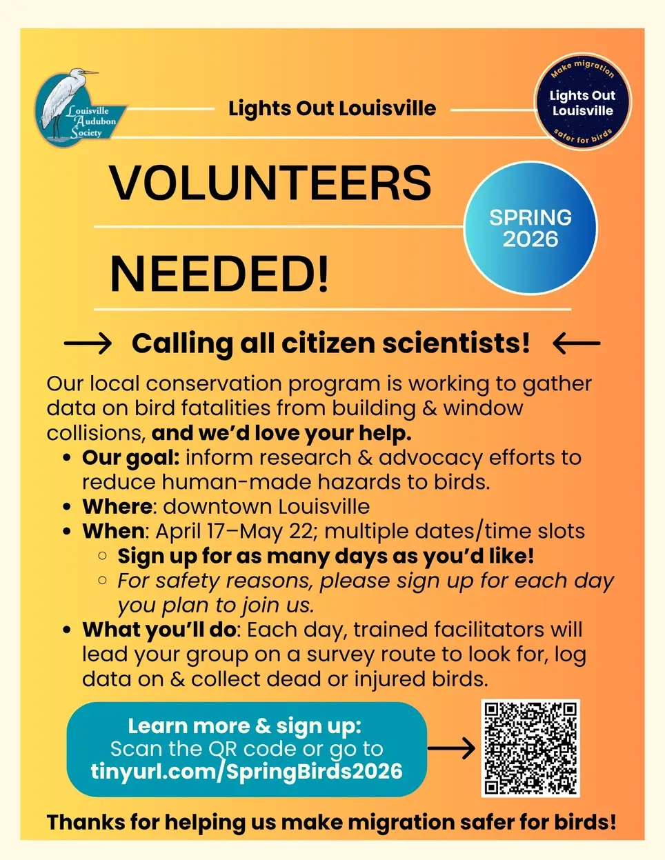 Calling all Louisville conservation advocates, citizen scientists, and birders: Help us collect data on bird-building collisions to save migrating birds!