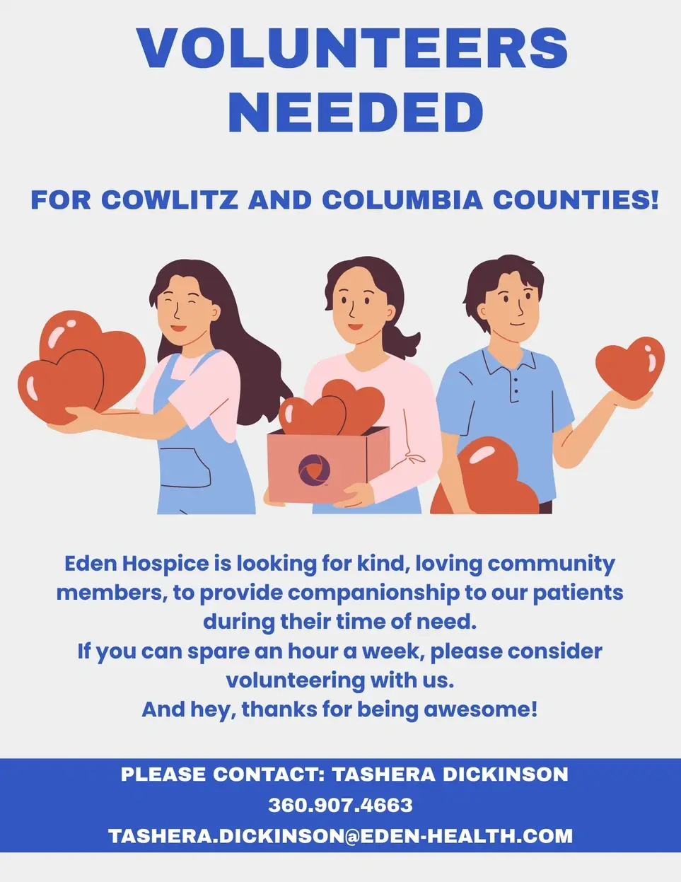 Companion Volunteers Needed for Eden Hospice- Colubmia and Cowlitz Counties