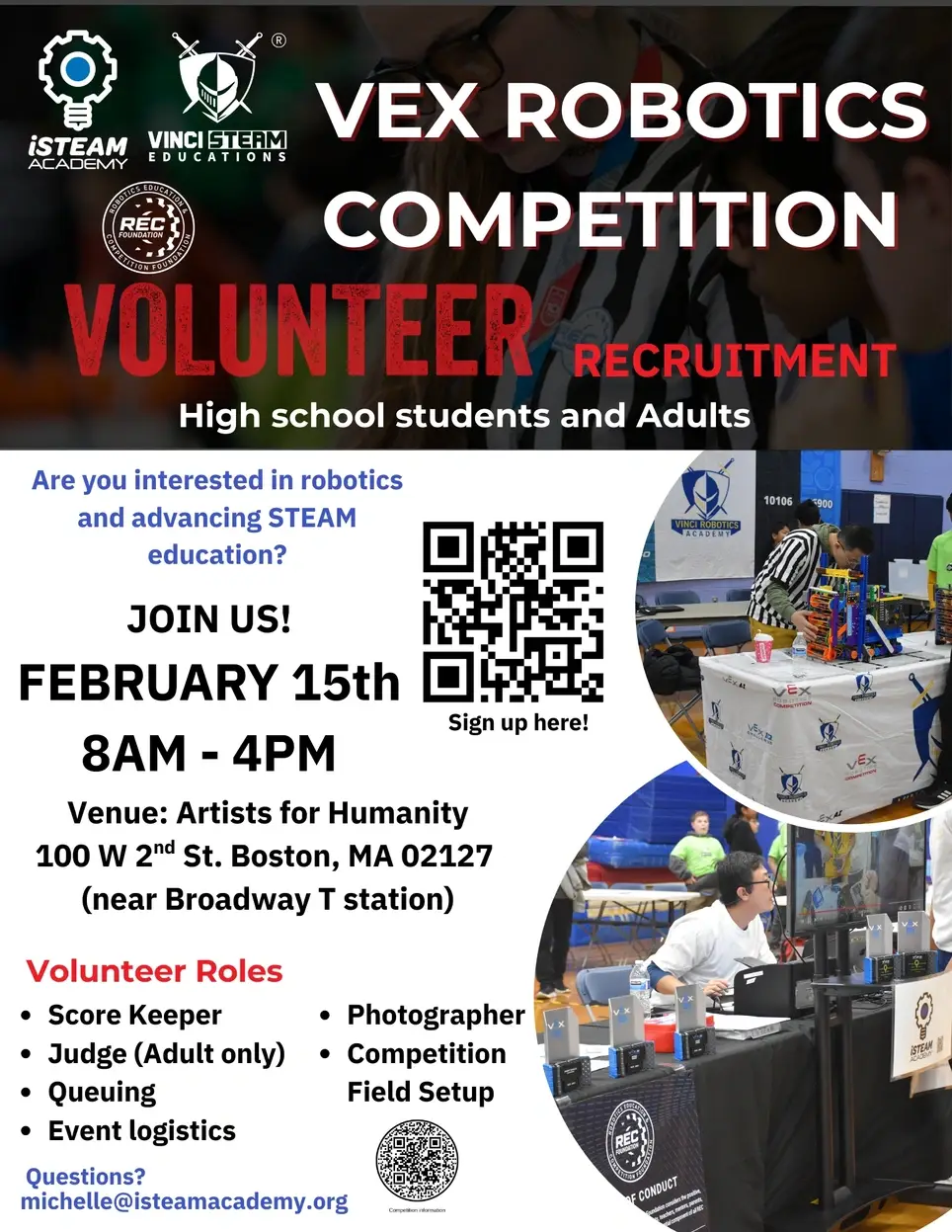 Volunteers needed for 2/15 VEX Robotics Competition in Boston!