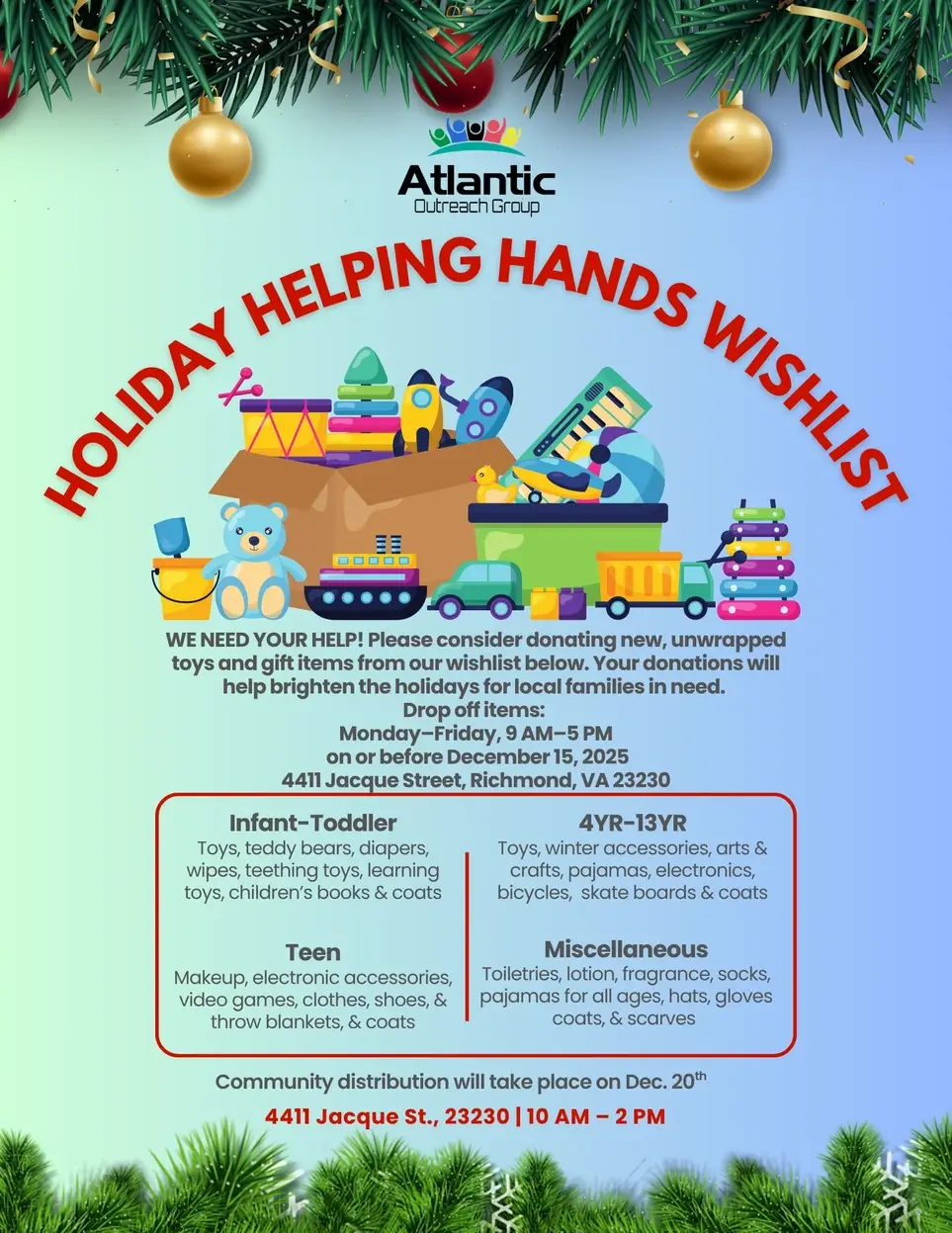 Atlantic Outreach Group's 8th Annual Holiday Helping Hands - Wish List