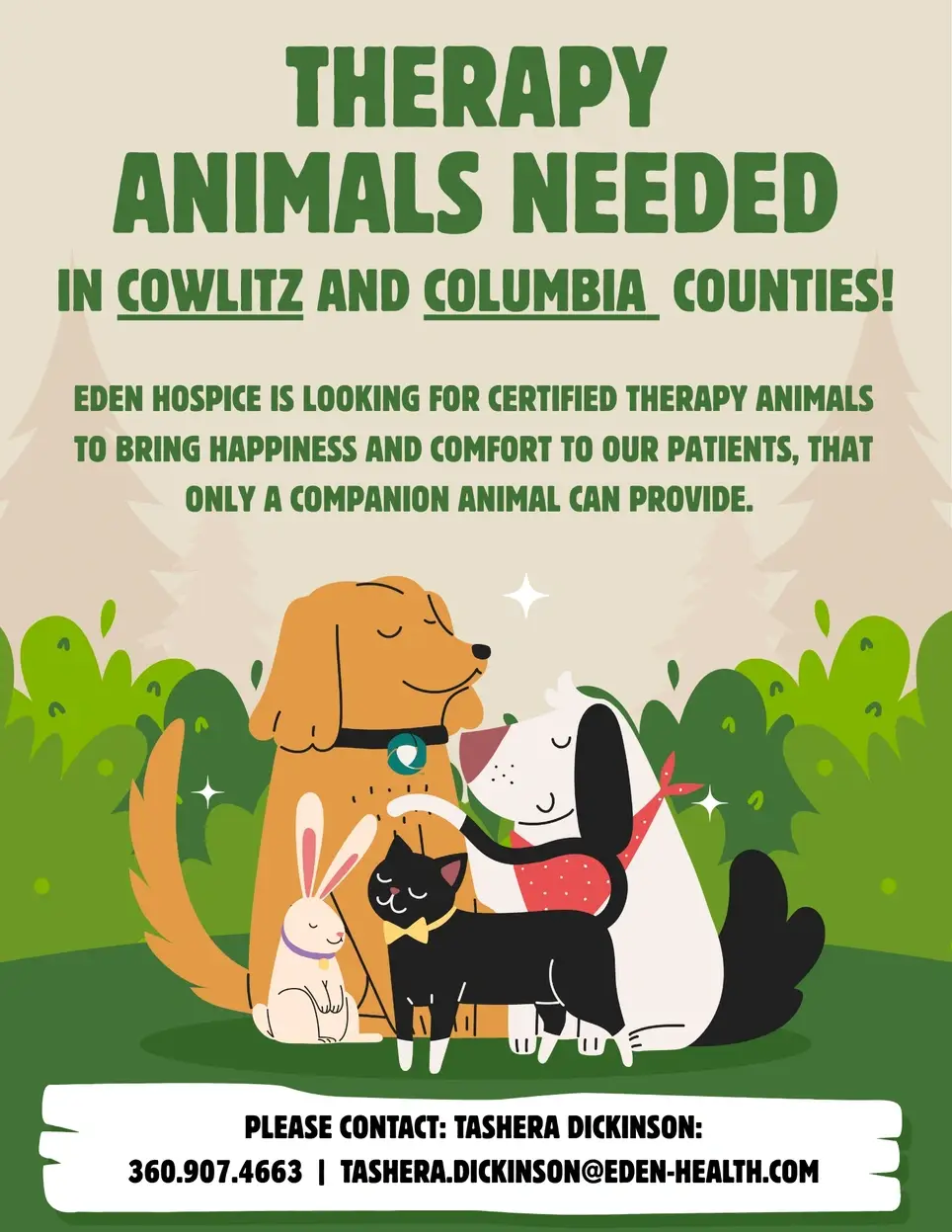 Therapy Animals needed for Eden Hospice- Cowlitz and Columbia Counties