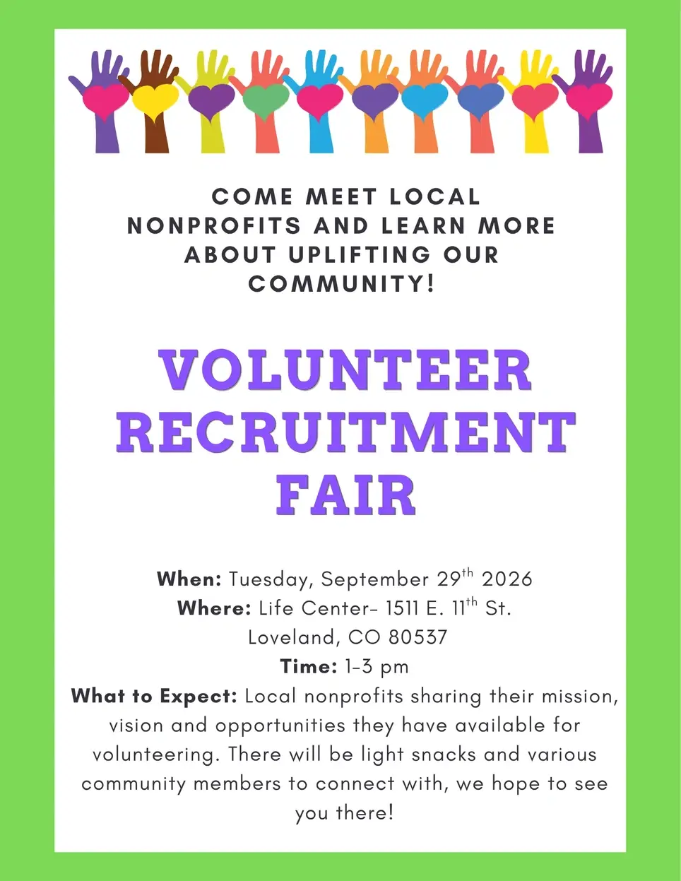 Free Larimer County Volunteer Recruitment Fair- come check out volunteering opportunities available to you and learn about local nonprofits!
