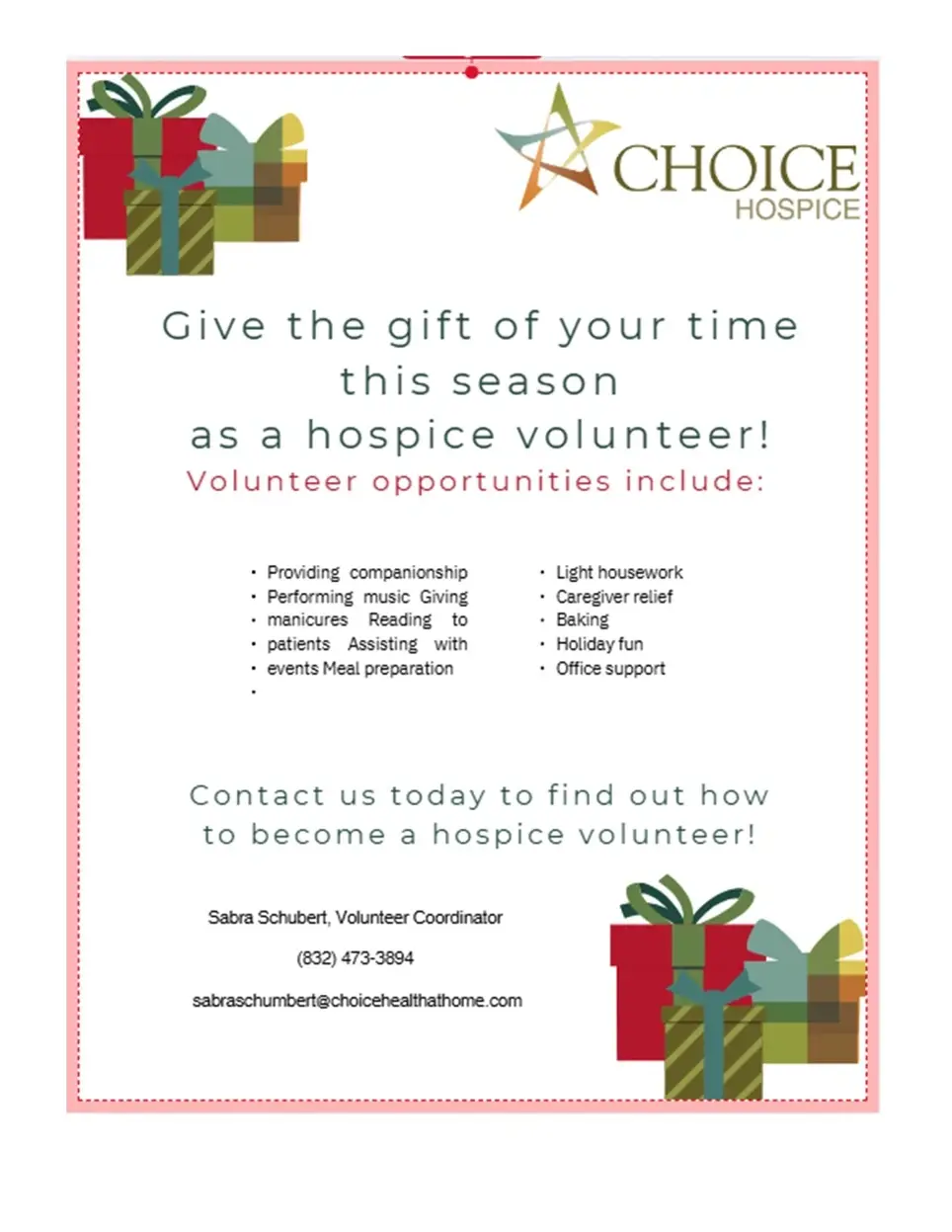 Share Your Holiday Spirit -  Give the gift of your time this season as a hospice volunteer!