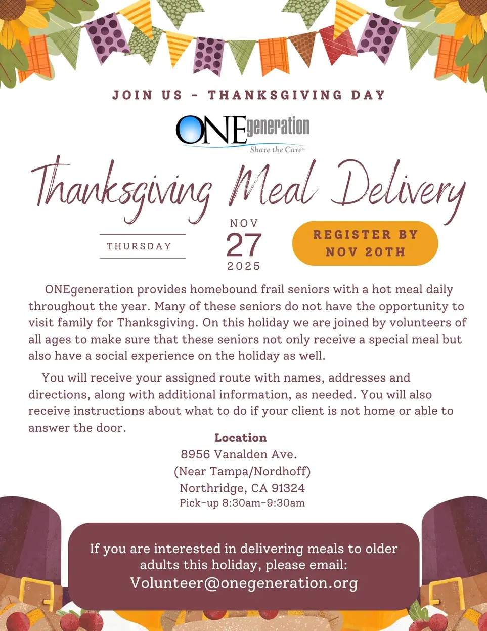 Thanksgiving Meal Delivery to older adults - From Northridge to the north valley area