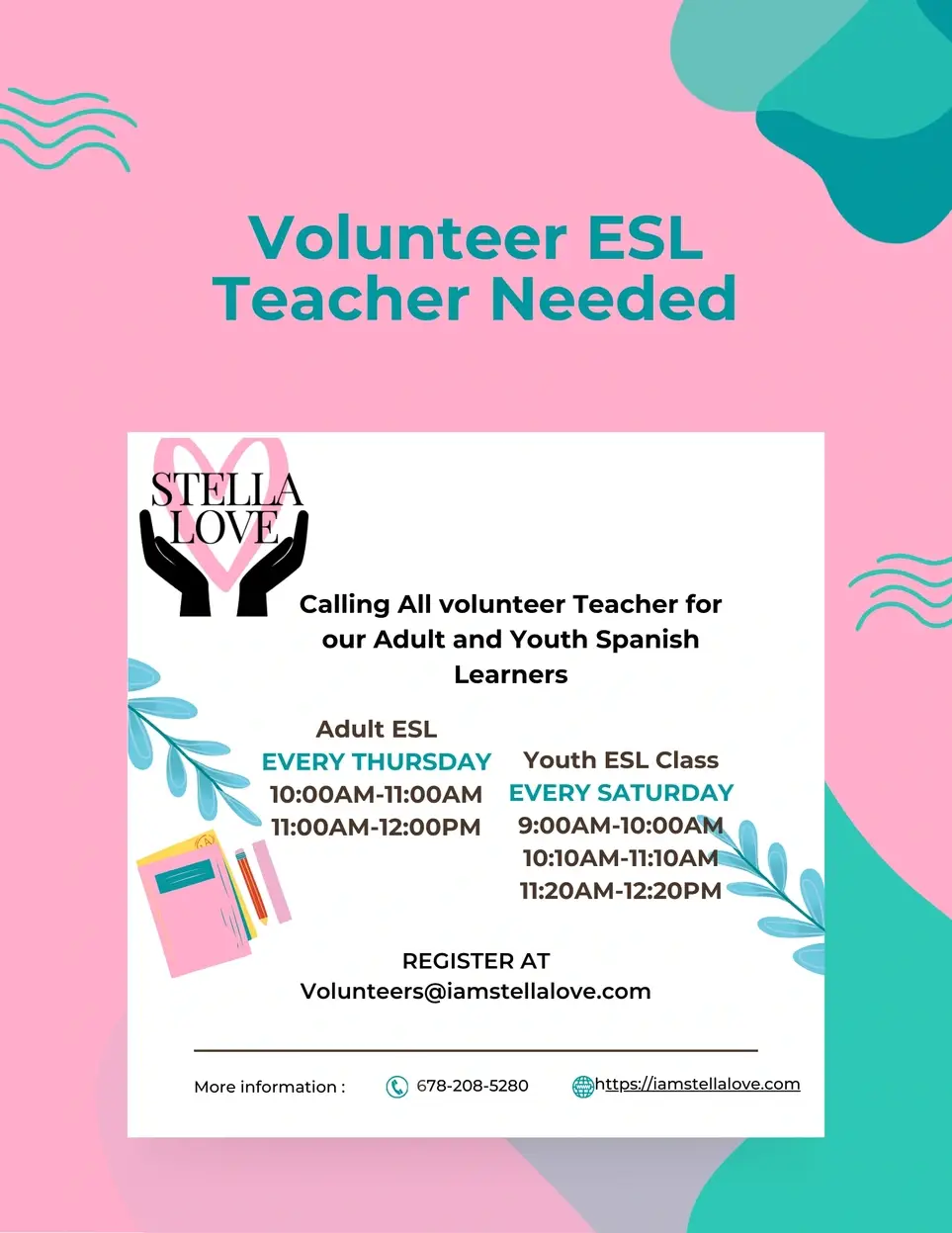ESL Volunteer Teacher for Adult and Youth Spanish Learners