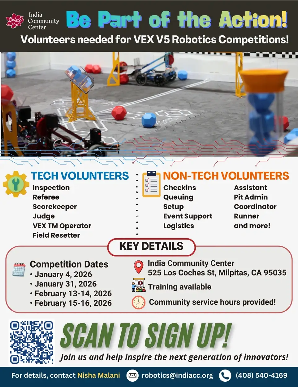 VEX V5 Robotics Competition Volunteers in Bay Area for Middle & High School VEX V5 Tournaments in January & February 2026 at Milpitas, CA