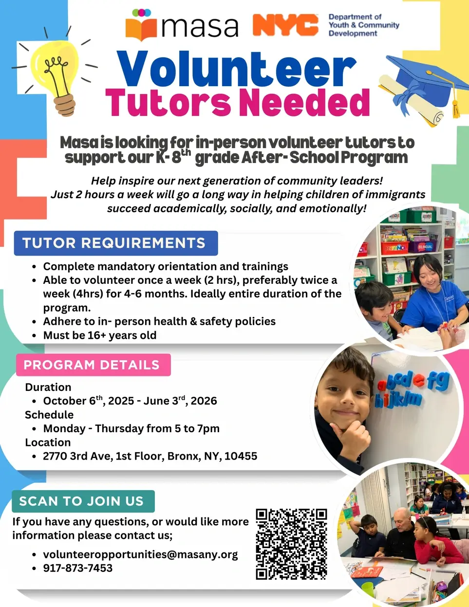 Volunteer Tutors Needed for an After School Program for K-8th grade Students