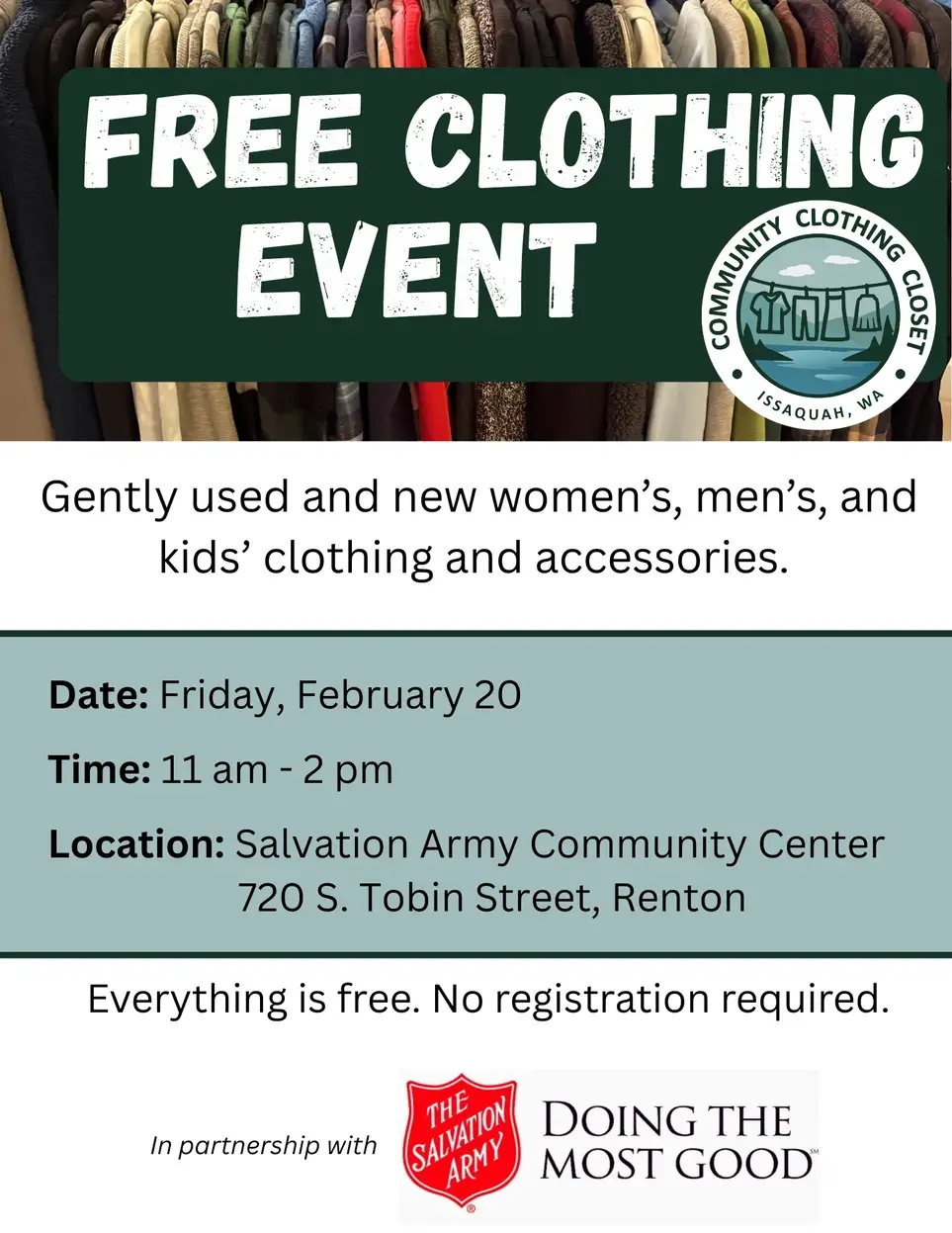 Free Clothing Event at Salvation Army Community Center in Renton, WA