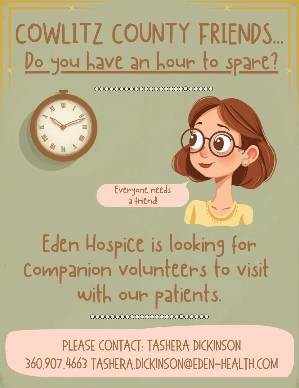 Companion Volunteers Needed for Hospice Patients- Cowlitz County