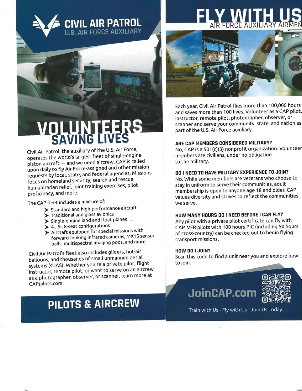 Civil Air Patrol need volunteers for teaching aerospace, leadership, cybersecurity and much more to cadets. Also need pilots and air crews to be trained to fly our missions.