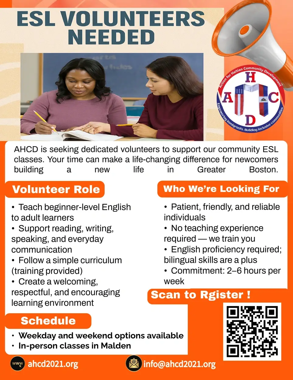 Volunteer ESOL Instructor – Help Adult Immigrants Learn English and Digital Literacy Skills