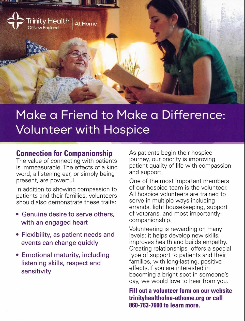 Volunteers Needed! Trinity Health of New England at Home Hospice