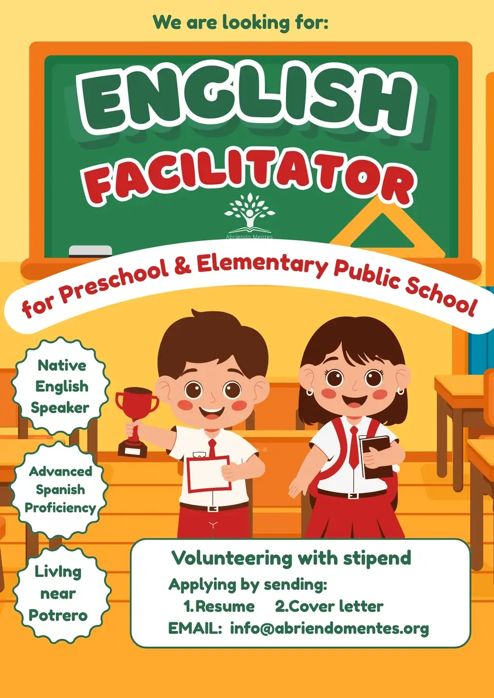 [Immediate Opening] Volunteer with Stipend in Costa Rica: English Program Facilitator ($1100 USD monthly stipend included)