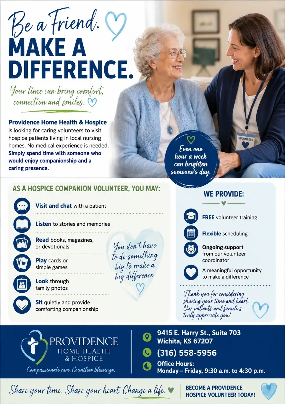 💙 Volunteer Opportunity: Be a Friend to a Hospice Patient  Sometimes the greatest gift you can give is simply your presence.  Providence Home Health & Hospice is looking for compassionate volunteers to visit hospice patients living in local nursing homes