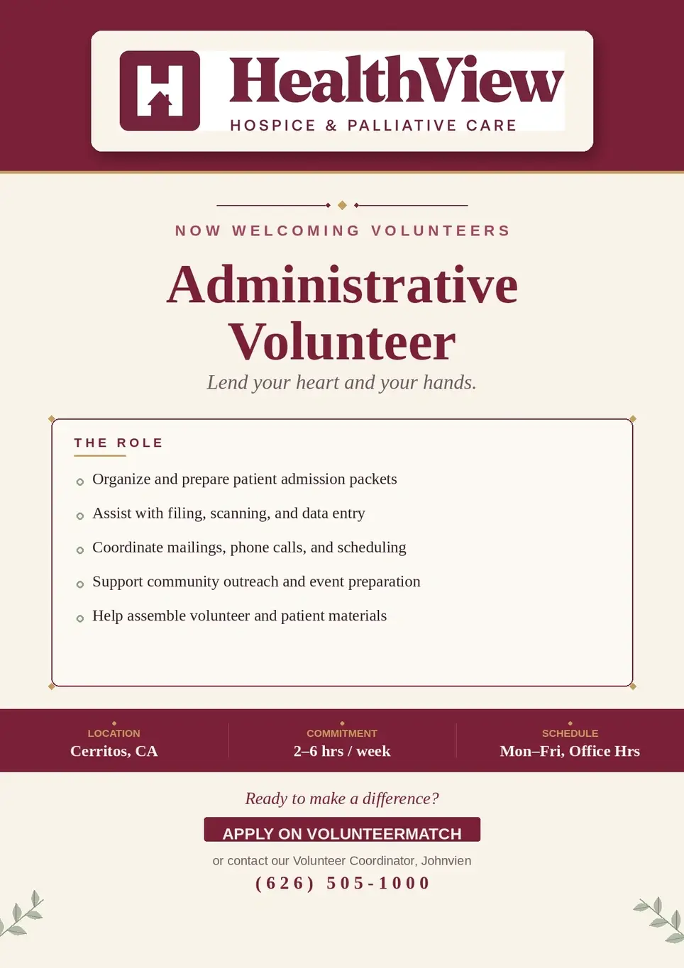 💙 Administrative Volunteer — Support the Heart of Hospice Care