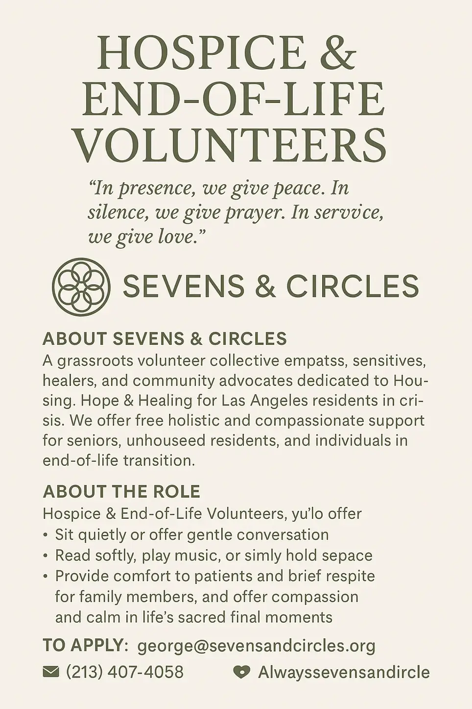 Hospice & End-of-Life Volunteers – Sevens & Circles (Los Angeles, CA) “In presence, we give peace. In silence, we give prayer. In service, we give love.”